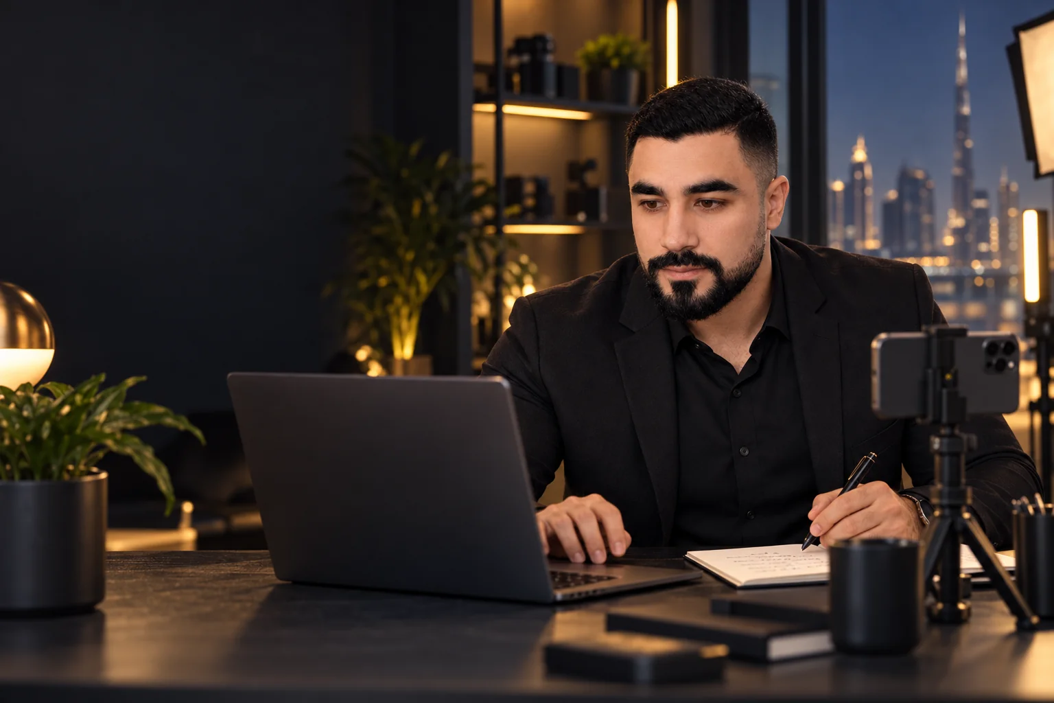 AI-assisted portrait based on Ahmad Dachach’s photo, at his desk with the Burj Khalifa behind him