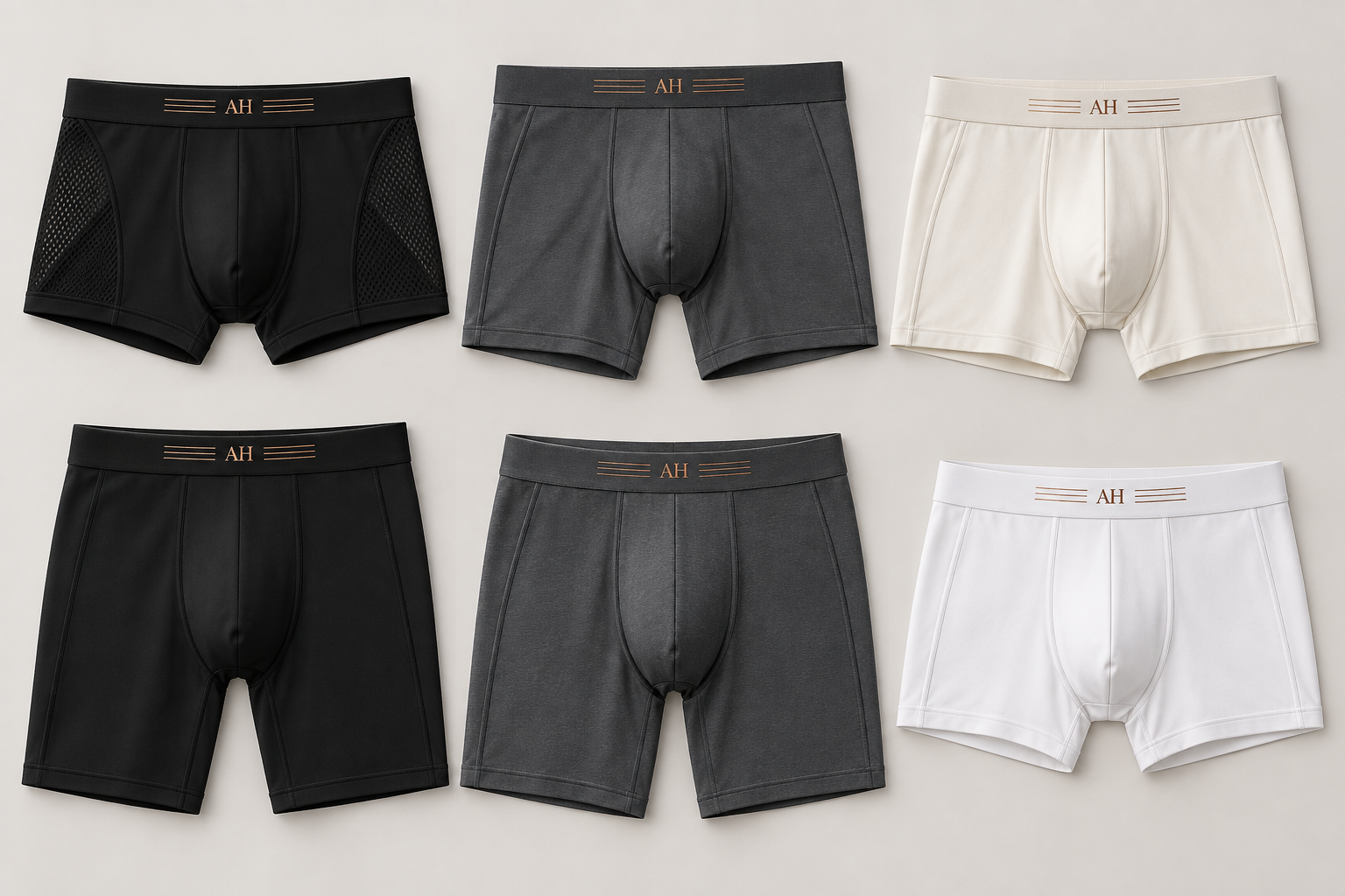 Six original AH boxer-brief concepts in black, ivory and graphite, with subtle AH waistband monograms, for sport, gym, office, work, study and everyday wear.