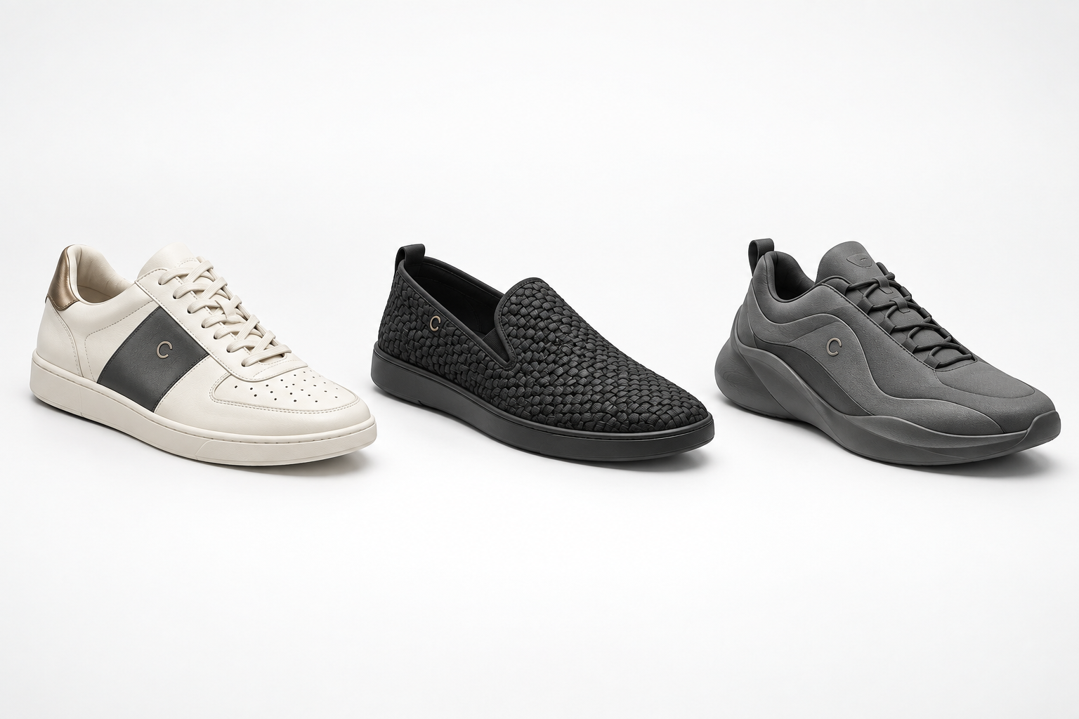 Original ivory and charcoal Cortex low-top, black woven slip-on and graphite Arc technical shoe concepts.