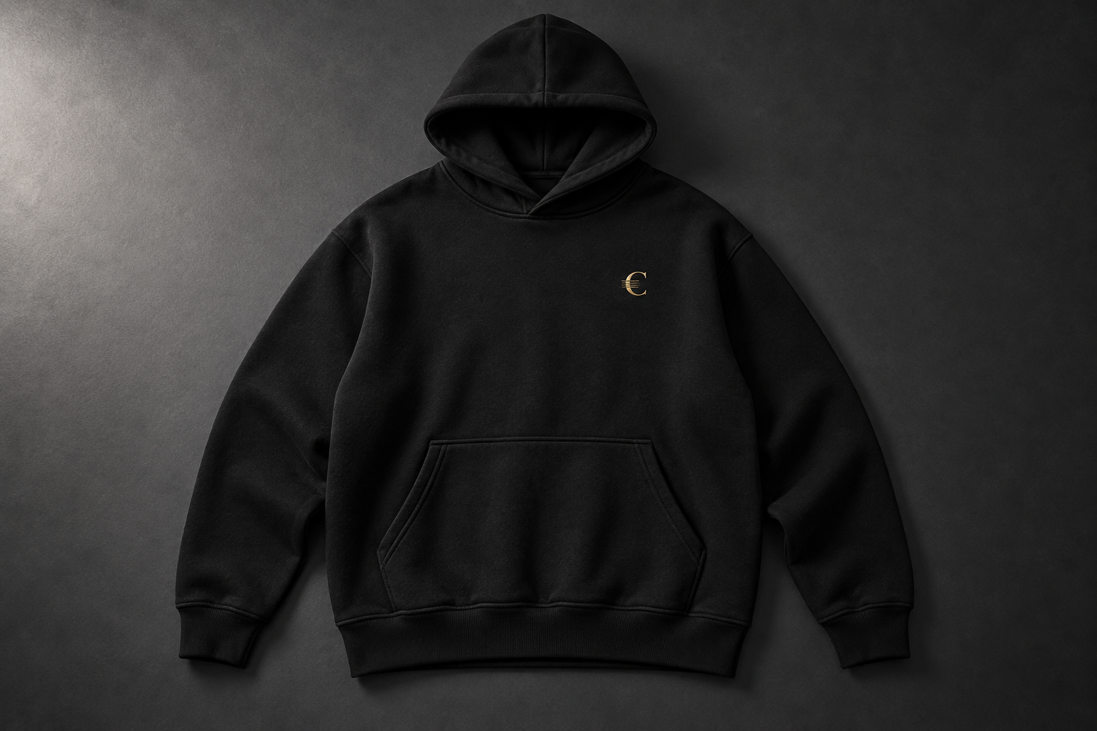 Cortex black hoodie concept with restrained gold C and four-line detailing at the chest.