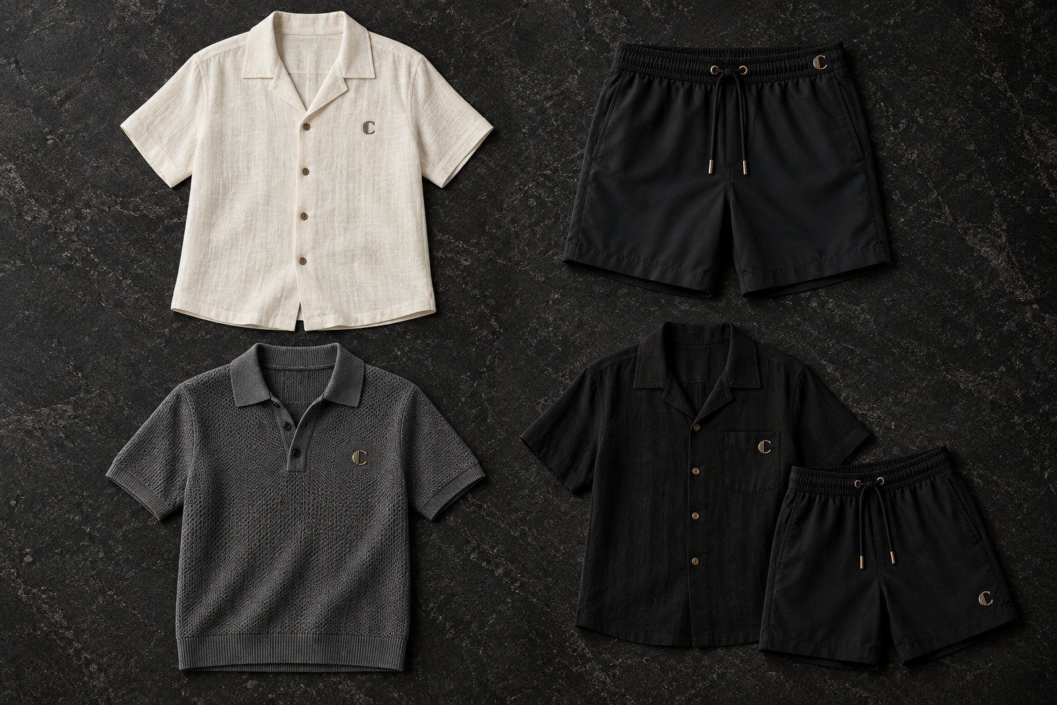 Original men's Cortex beachwear concepts: ivory camp-collar shirt, black swim shorts, graphite knit polo and a coordinated black resort shirt and shorts set with bronze C details.
