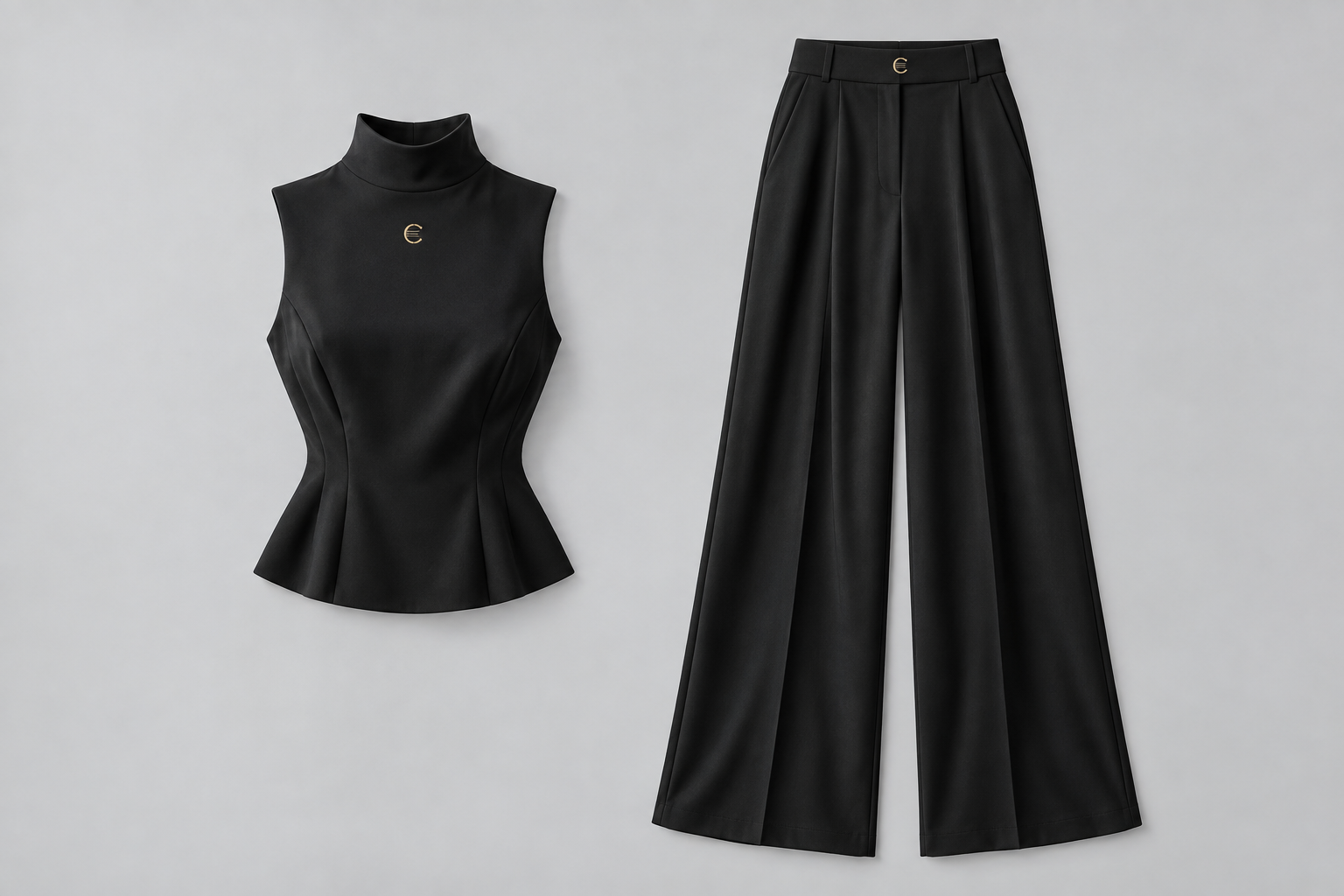 Women's Cortex coordinated black set concept: a sculpted sleeveless top and wide-leg trousers with restrained gold C detailing.