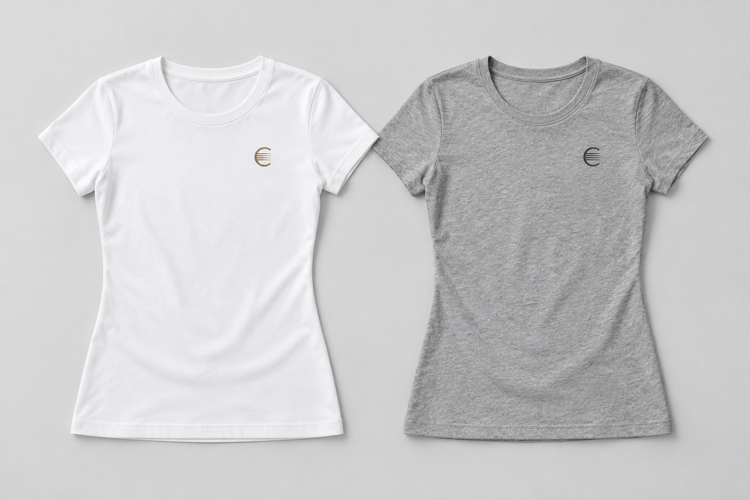 Two women's Cortex fitted T-shirt concepts: white with a bronze C signature and heather grey with graphite detailing.